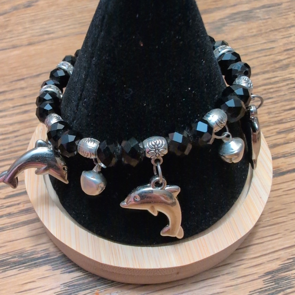 Dolphin Charm Beaded Stretch Bracelet Set Blue Black Silver Tone 2pc - Picture 2 of 3
